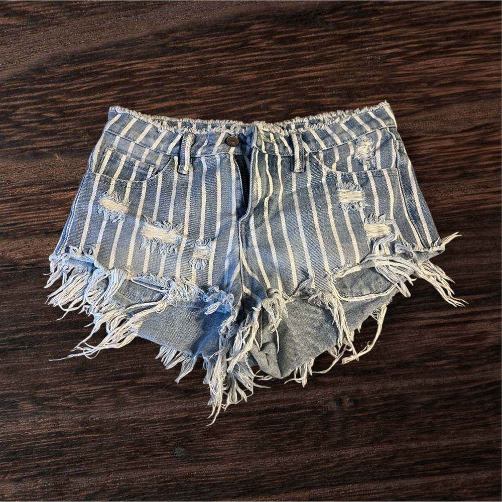 Distressed Striped Denim Shorts